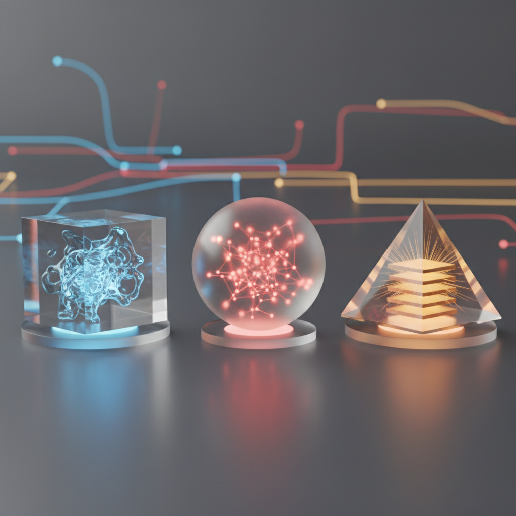 3d render of different geometric containers (cube, sphere, pyramid) holding different glowing substances, creating a metaphor for data types
