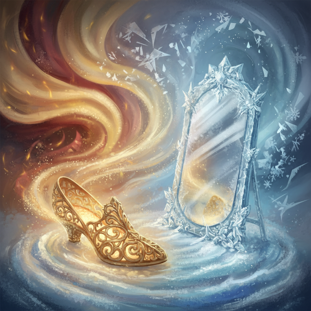 An artistic juxtaposition of a golden slipper and a frozen ice mirror, symbols of classic and modern fairy tales, high quality illustration, literary style, soft lighting