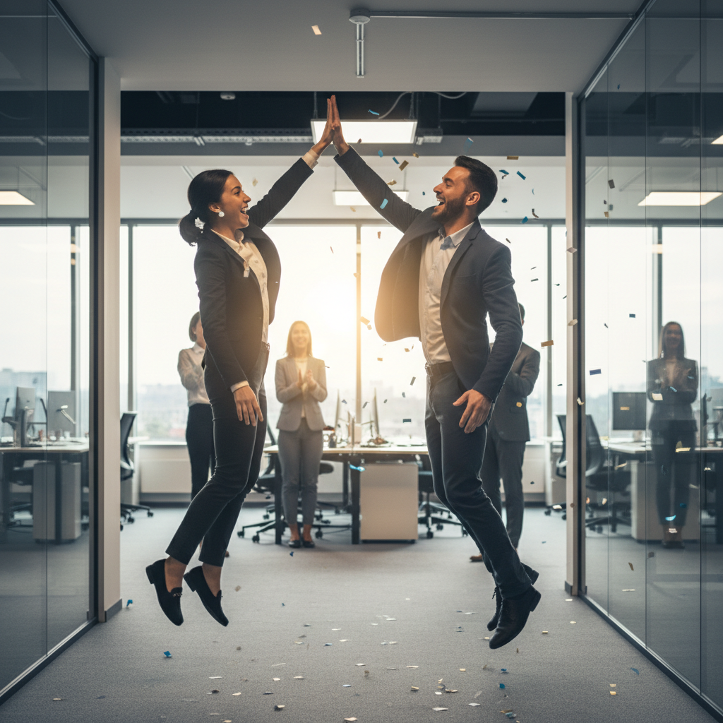 Colleagues high-fiving in an office hallway, celebrating a success, dynamic angle, smiling faces, positive vibe
