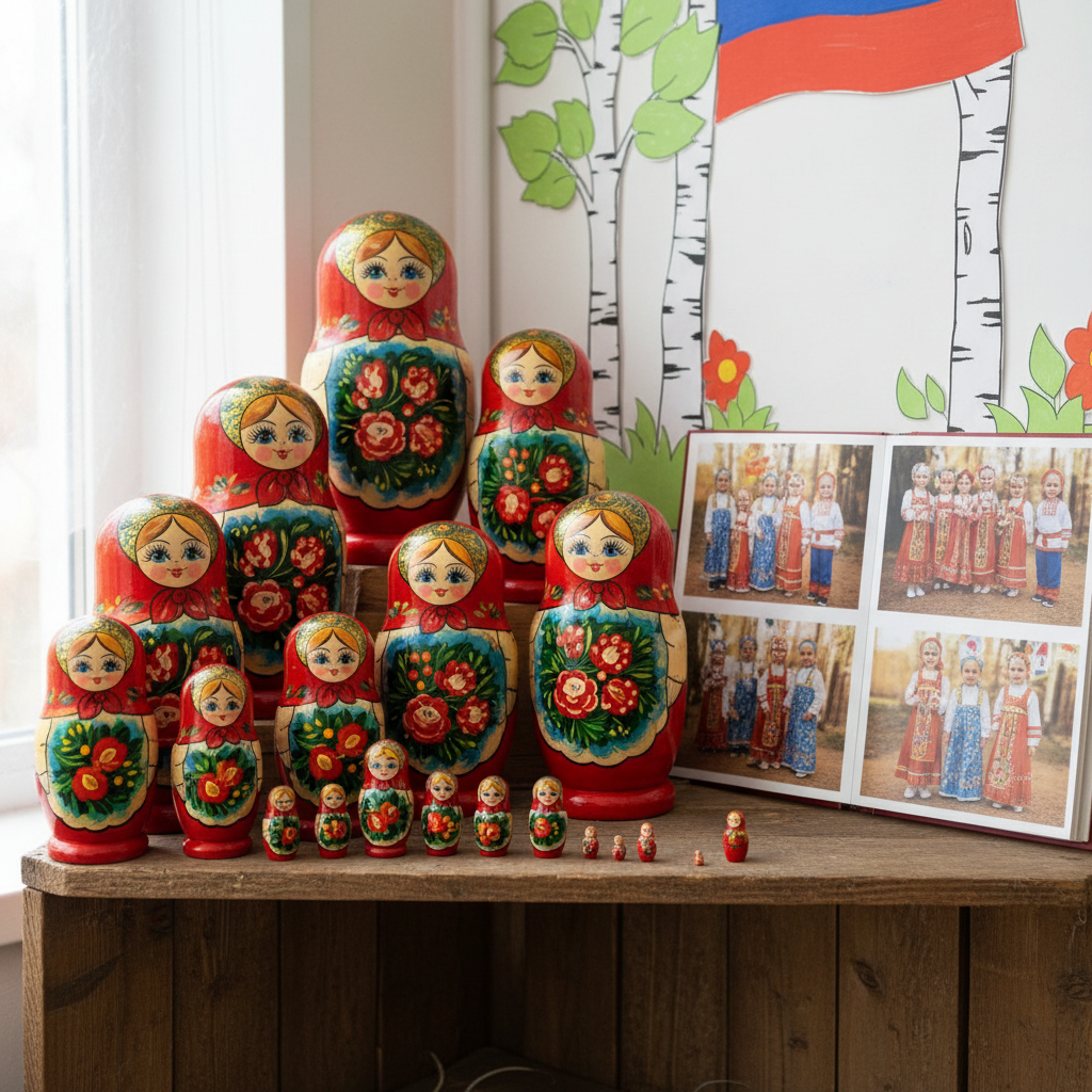 Russian traditional Matryoshka dolls, folk art items on shelf, kindergarten patriotic corner, photo album