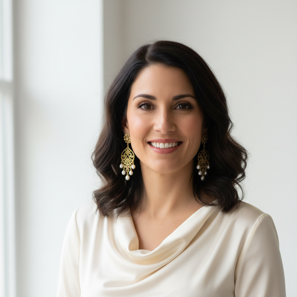 Portrait of a confident woman wearing elegant earrings, smiling naturally, natural light, minimalist background, chic style