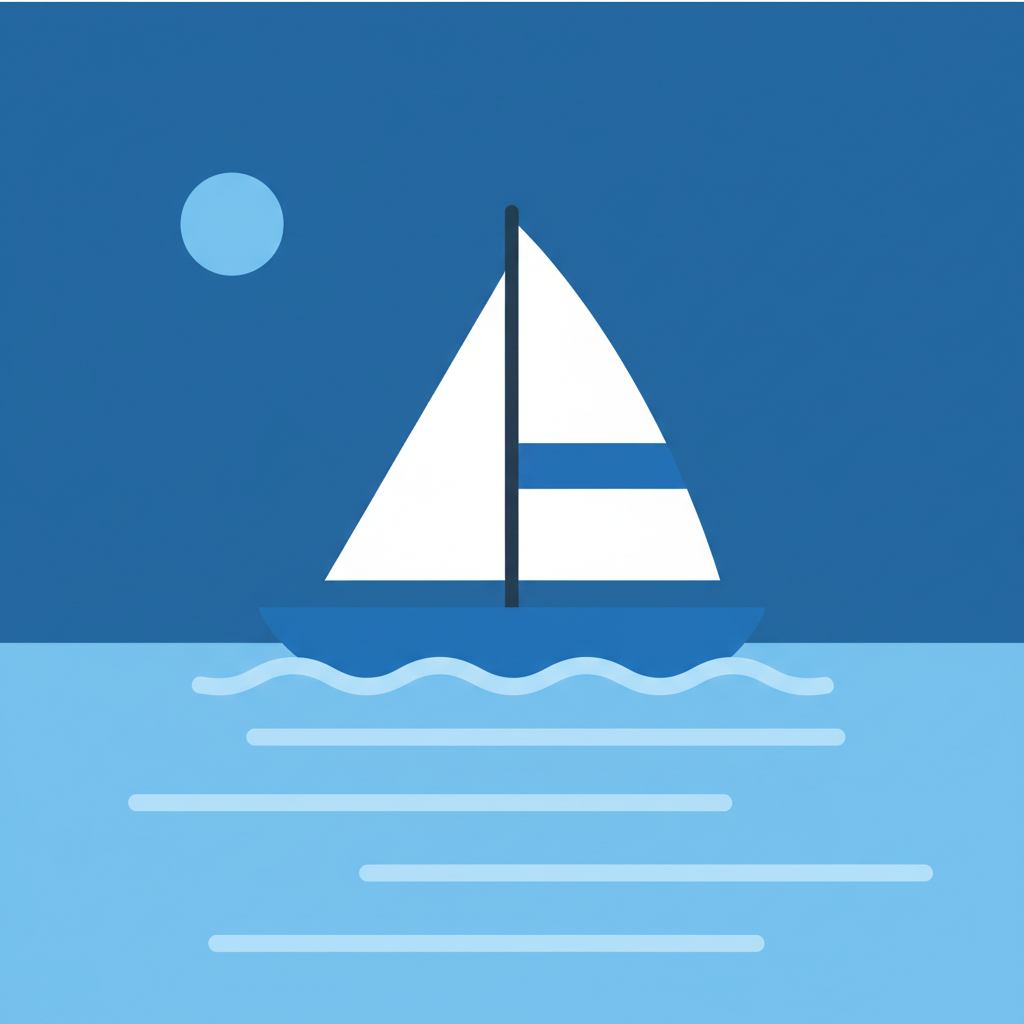 icon of a sailboat in calm waters symbolizing stability, minimalist flat design blue