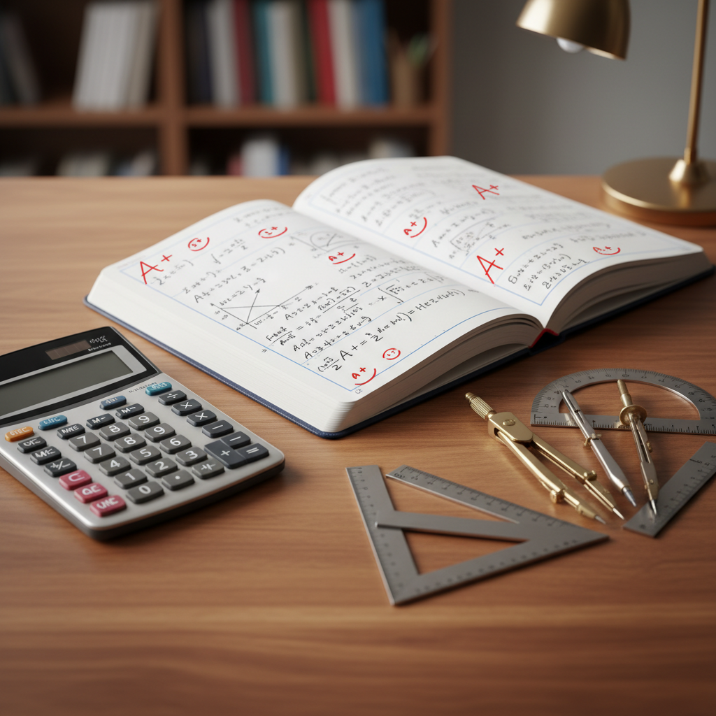An image of a neatly written math notebook with A+ grades, a calculator, and geometric tools on a wooden desk, symbolizing academic success