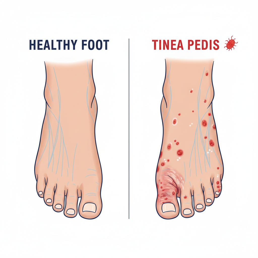 Medical illustration of a healthy foot vs foot with tinea pedis, clean vector style, educational, white background