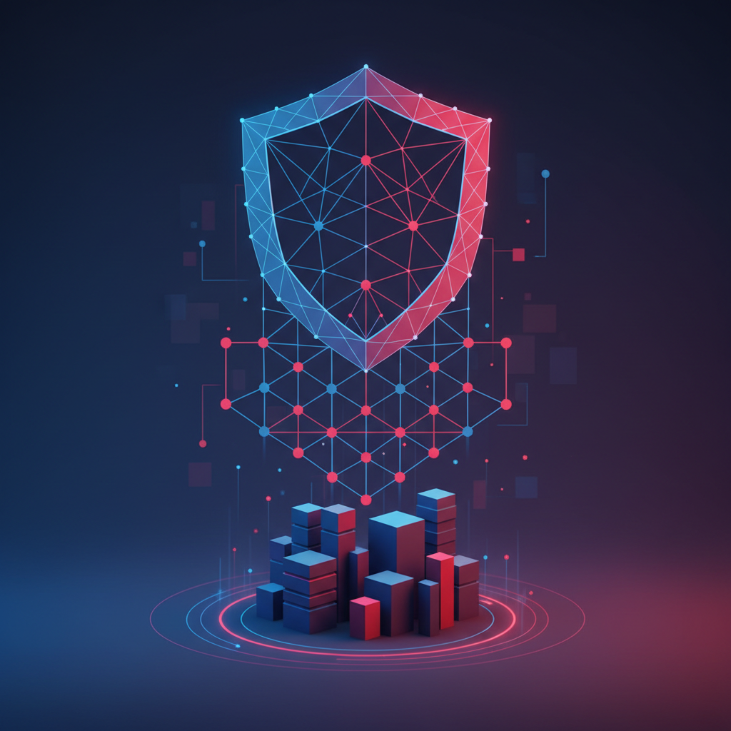 Shield icon concept or safety net metaphor, 3d render, secure business environment, red and blue tones