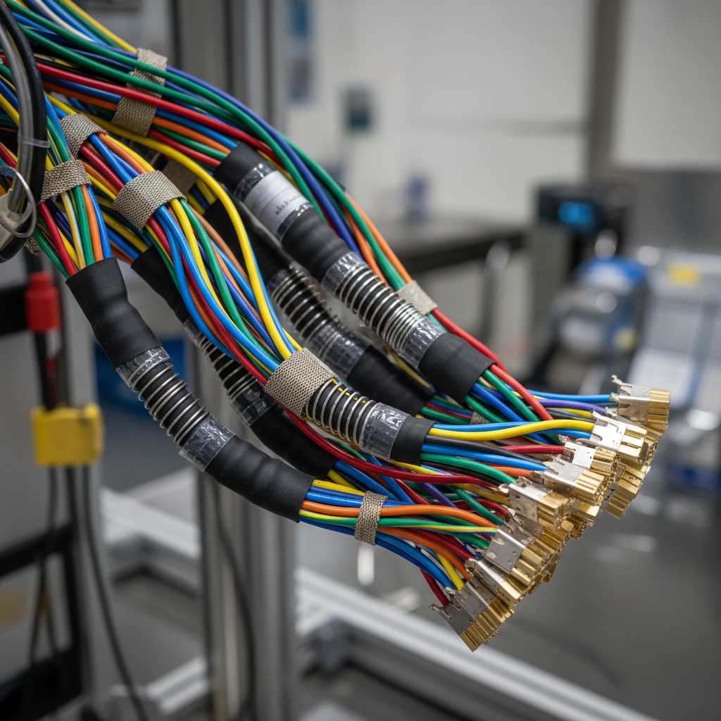 Detailed close-up of aerospace grade electronic wiring harness assembly, colorful wires, shrink tubing, high precision manufacturing