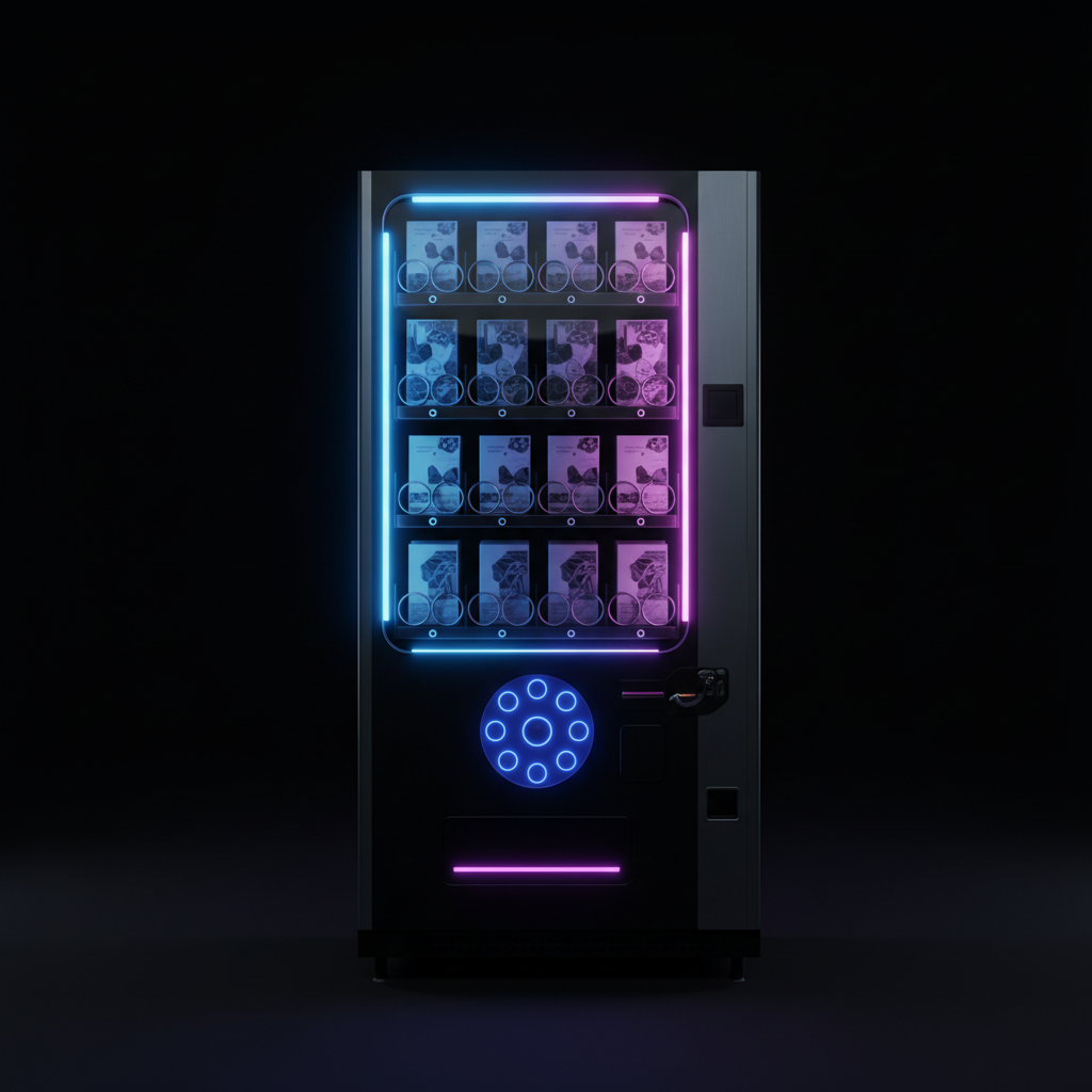 A modern, sleek vending machine in a dark room illuminated by its own internal blue and purple glowing lights, focusing on the keypad and the products inside