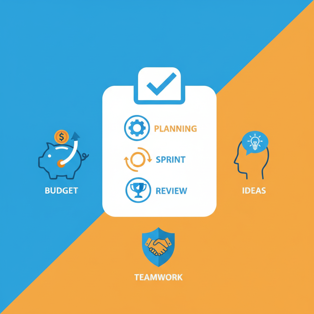summary checklist visualization, business icons, agile scrum concept, flat design, orange and blue colors