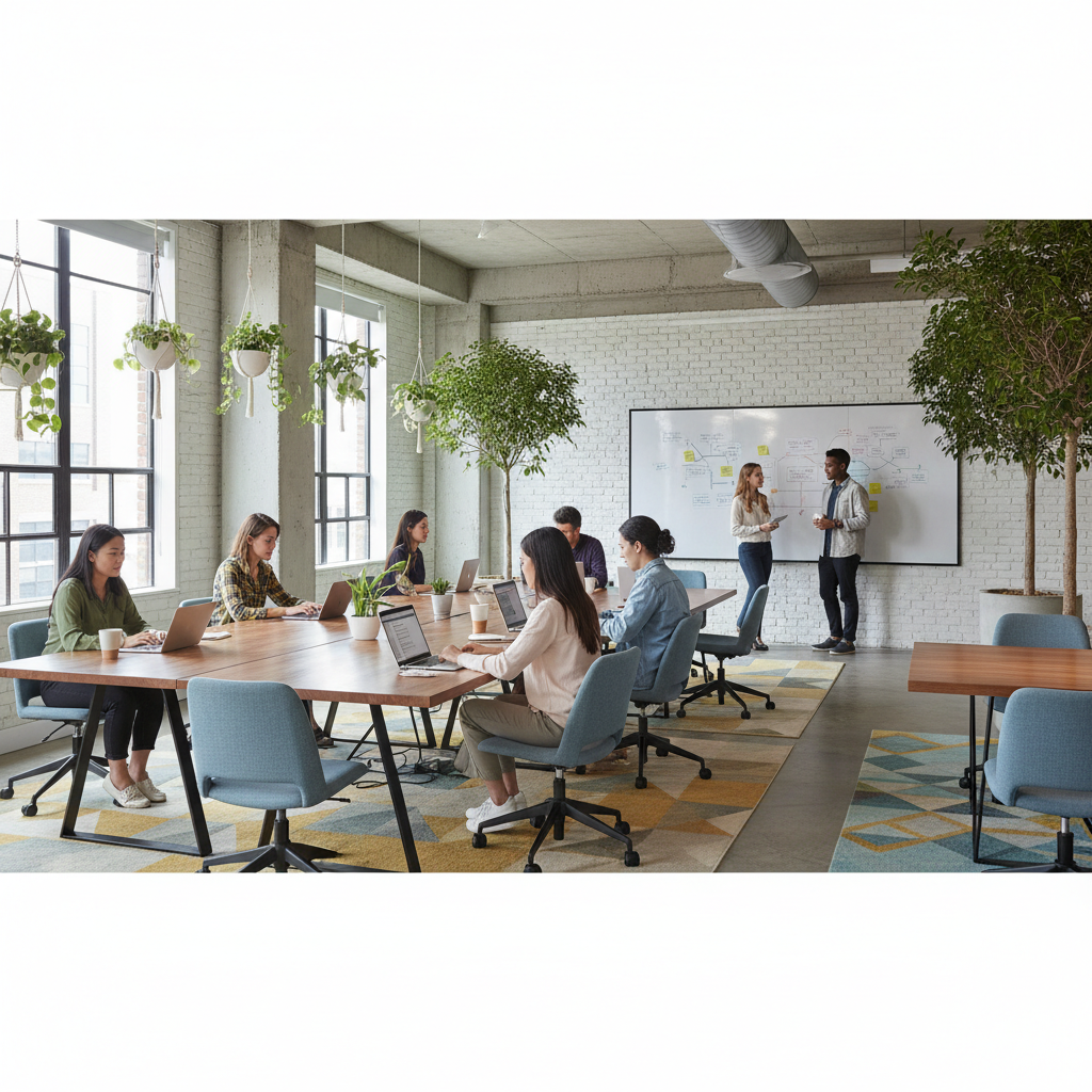 Modern coworking space, young diverse people working on laptops, drinking coffee, bright and energetic atmosphere