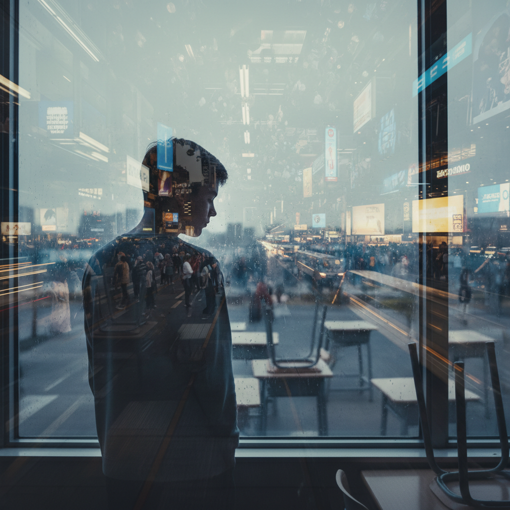 A solitary teenager looking out a classroom window, with a blurred reflection showing a busy, chaotic scene. Mood is pensive and isolated.