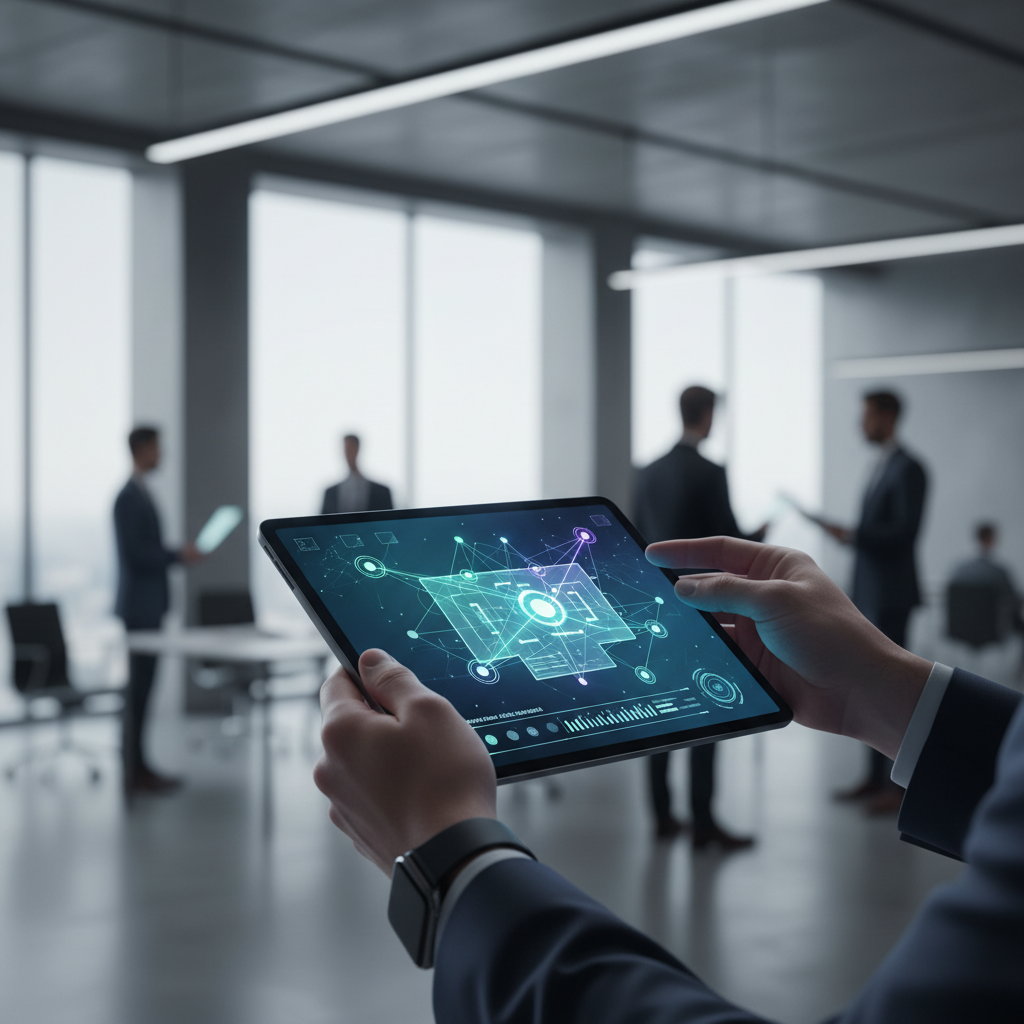 Close up of a hand holding a tablet displaying a conference floor plan and schedule, blurred business background, high tech vibe