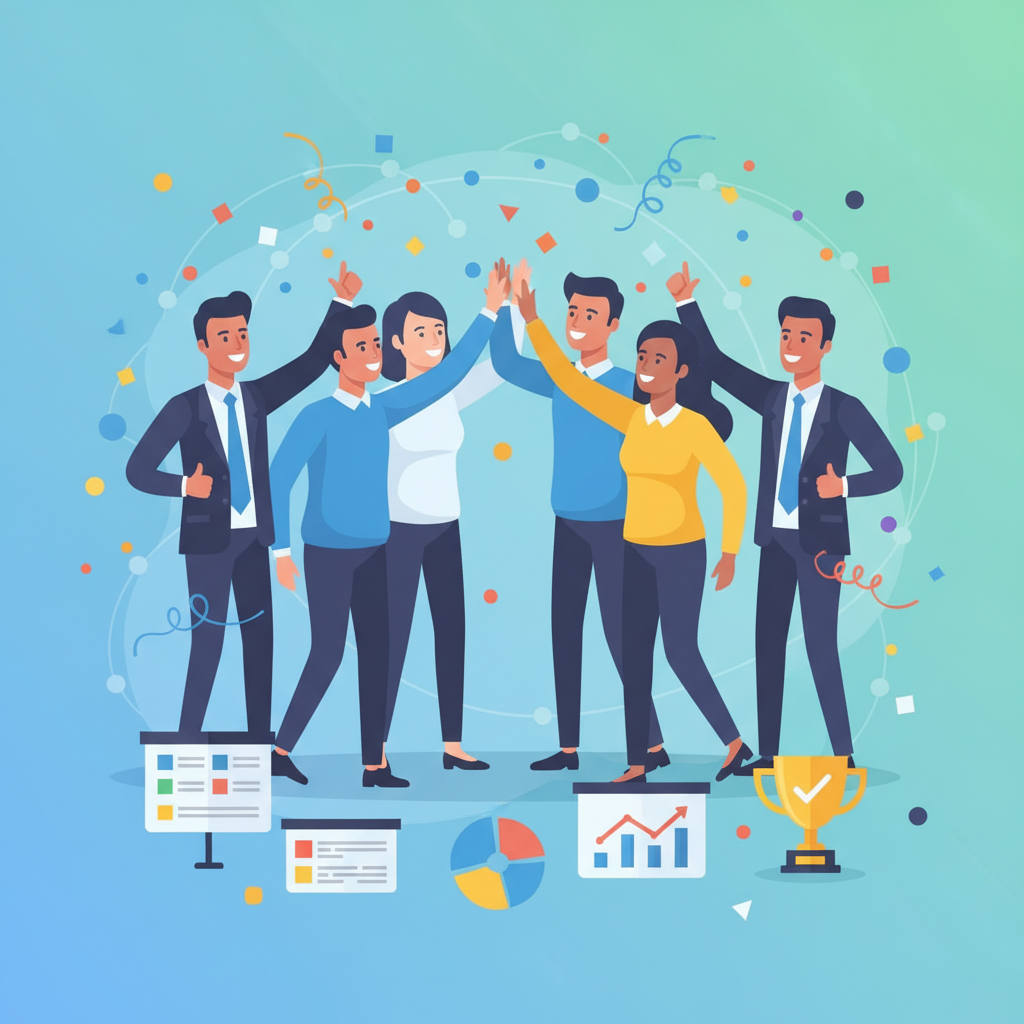 successful agile team celebration, high five, happy stakeholders, modern flat illustration, confetti visuals