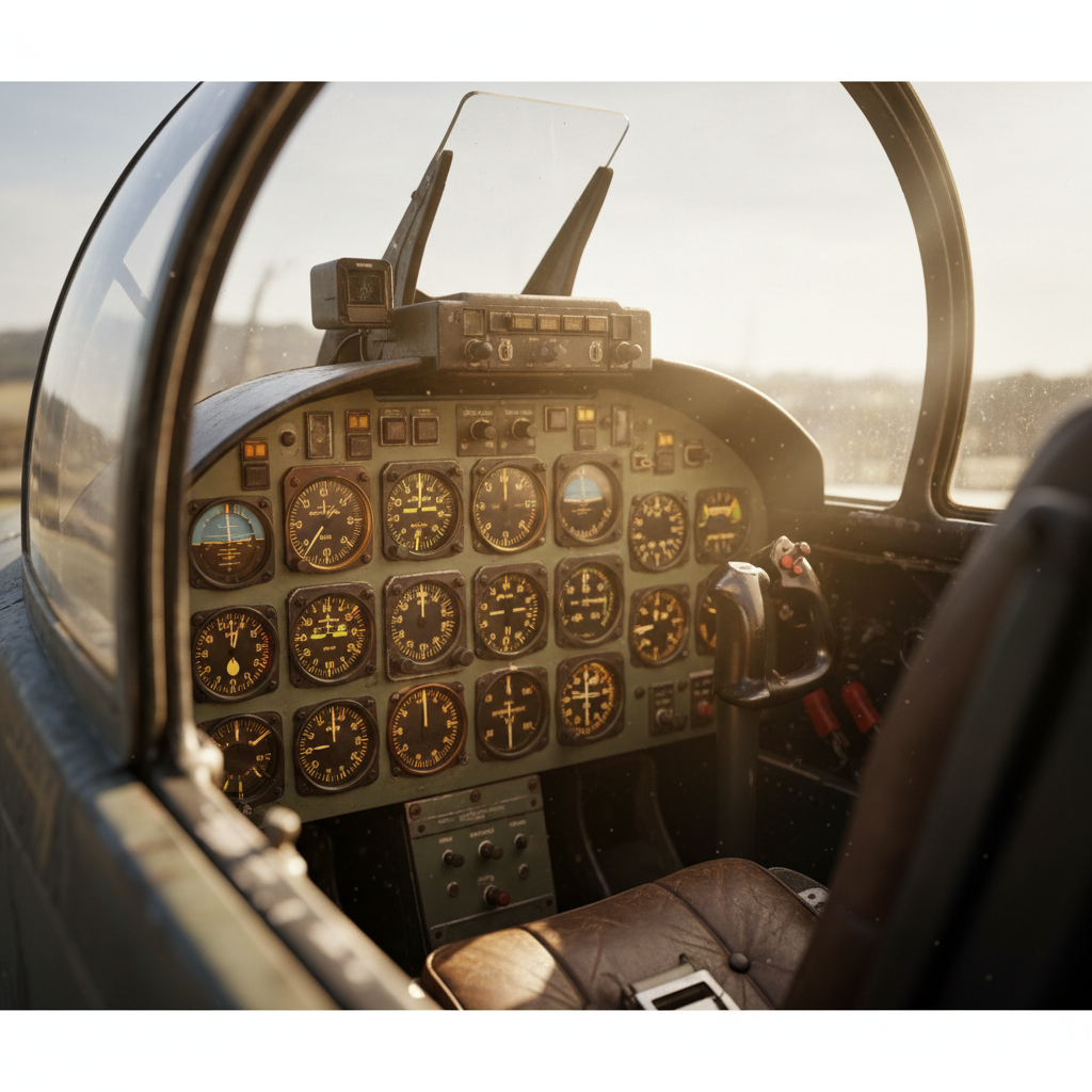 interior of a vintage fighter jet cockpit, dials and gauges, shallow depth of field, dramatic lighting