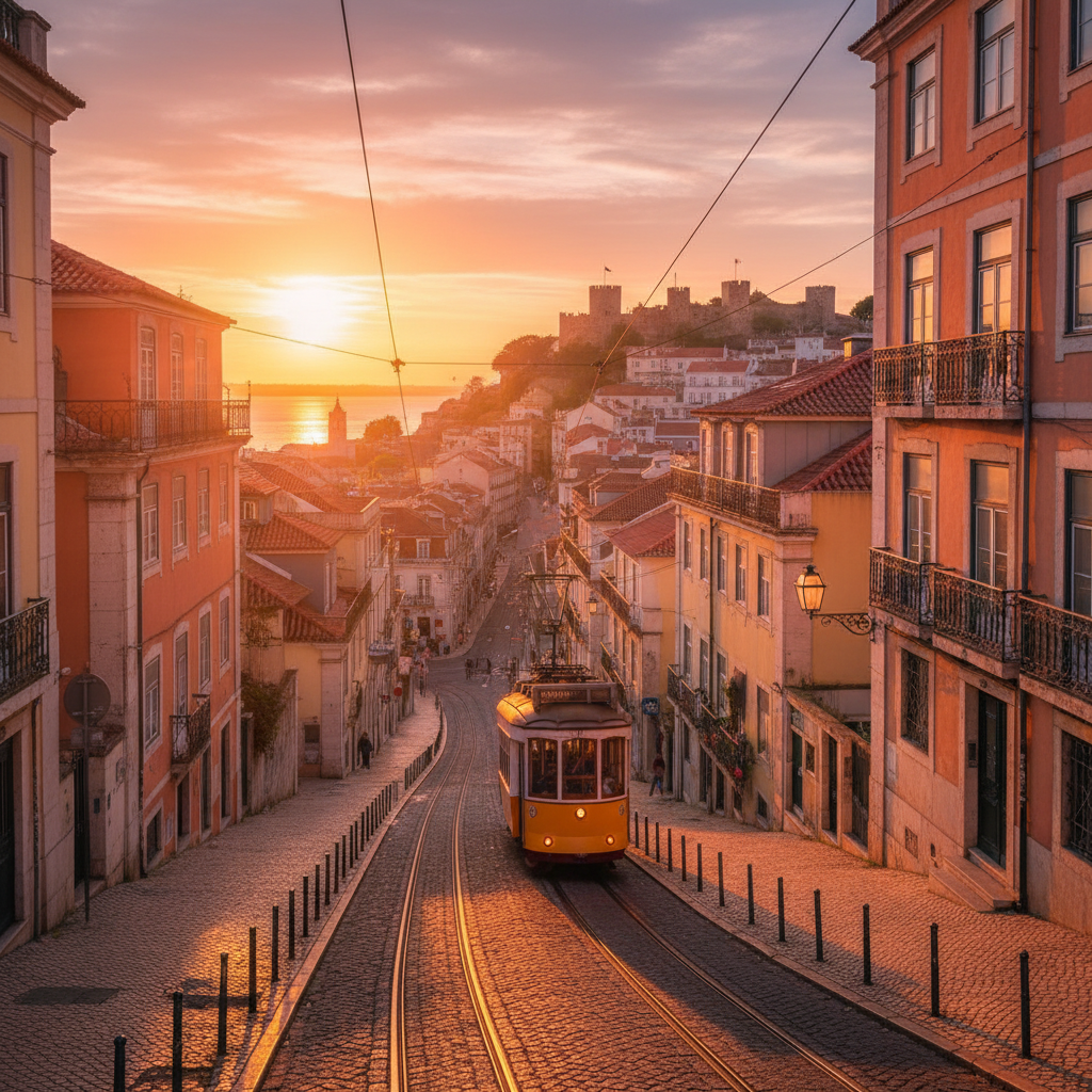 scenic view of Lisbon warm sunset with yellow tram and old buildings, cinematic lighting, photorealistic, 4k