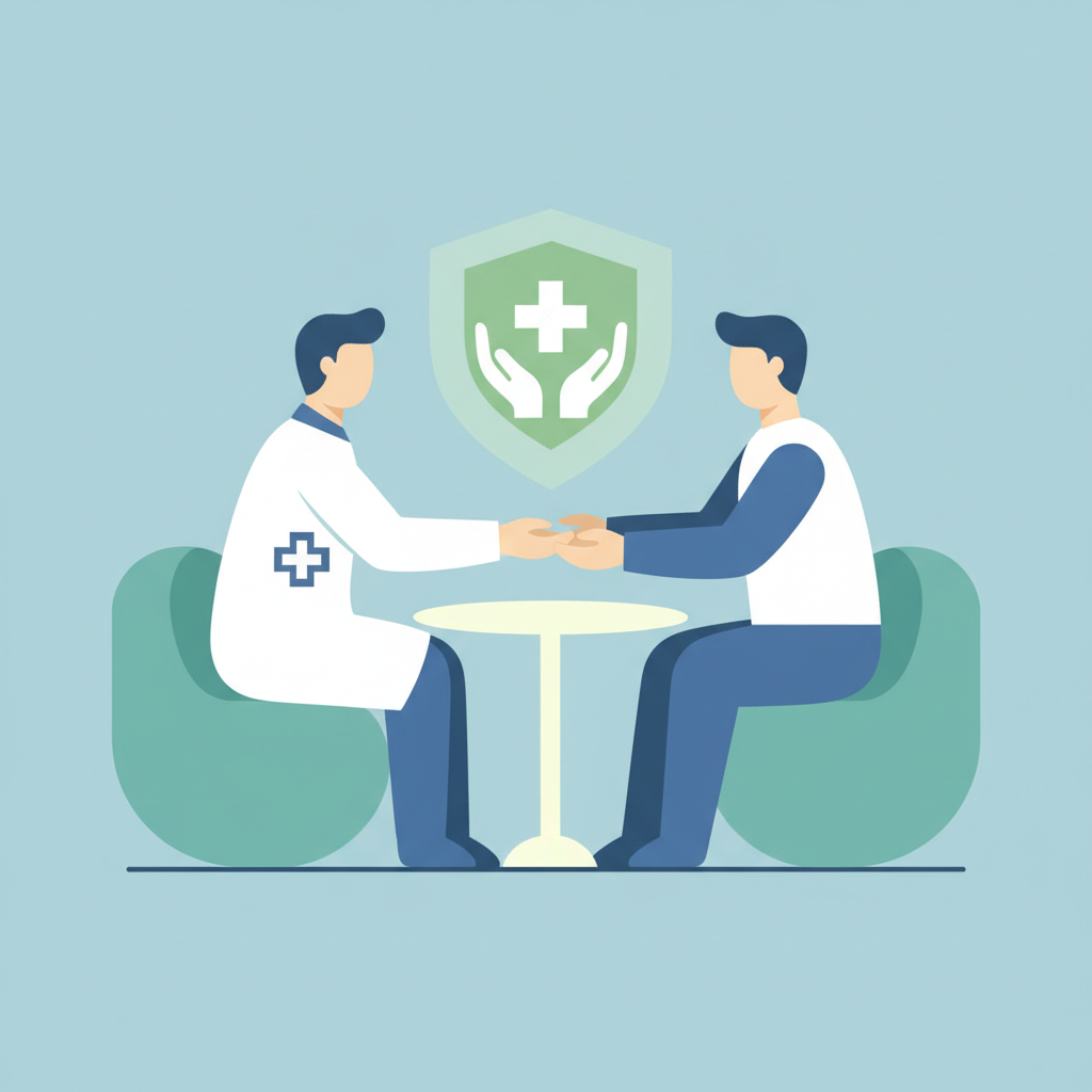 Minimalist illustration showing doctor consultation, symbol for safe healthcare, medical cross, caring hands, vector flat art