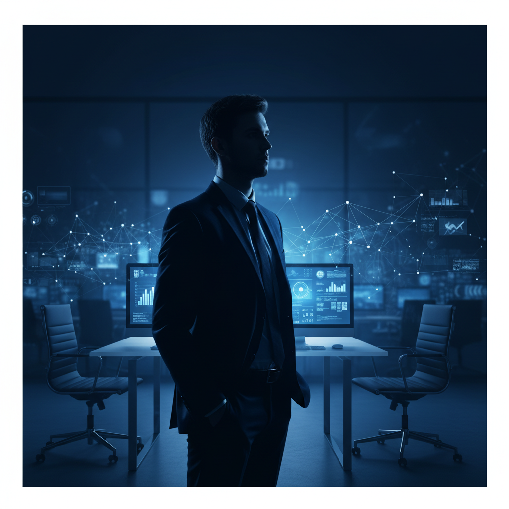 Professional silhouette of a young male entrepreneur in a modern office setting, looking confident, dark blue lighting, tech startup atmosphere