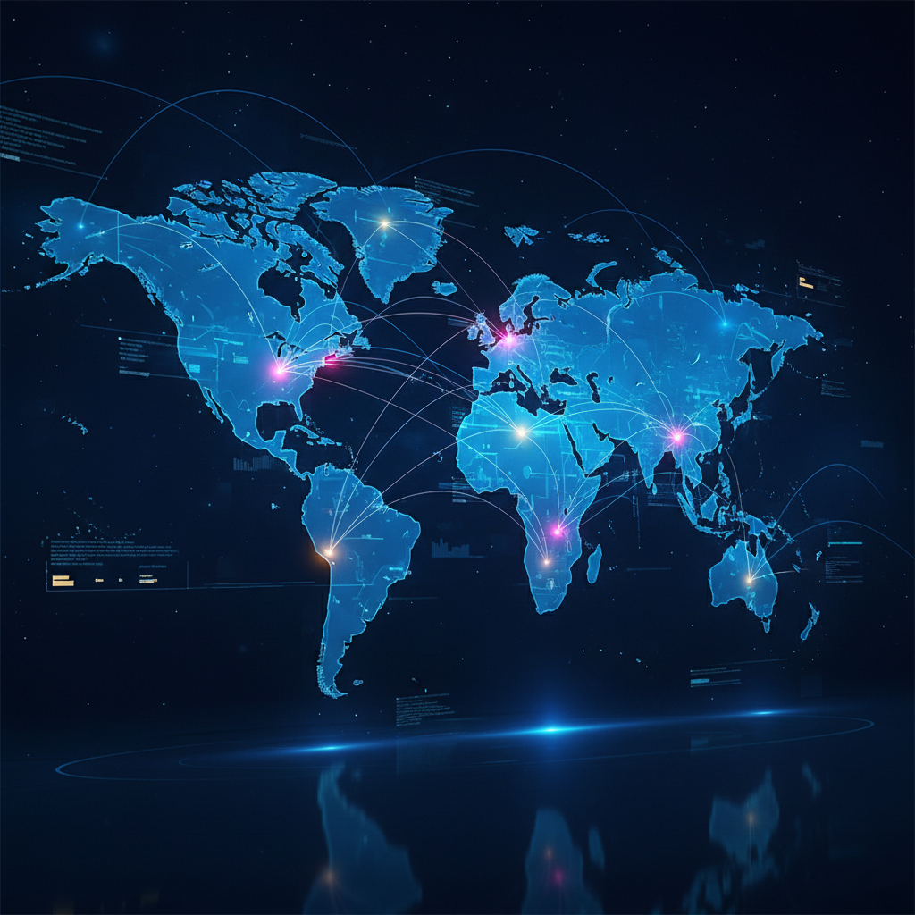 futuristic global supply chain network with glowing nodes on a world map in a deep blue professional business style