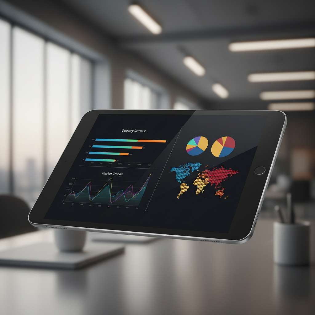 Close up sleek tablet displaying a complex dark-mode business dashboard with colorful bar charts, line graphs, and world map pie charts, professional office lighting