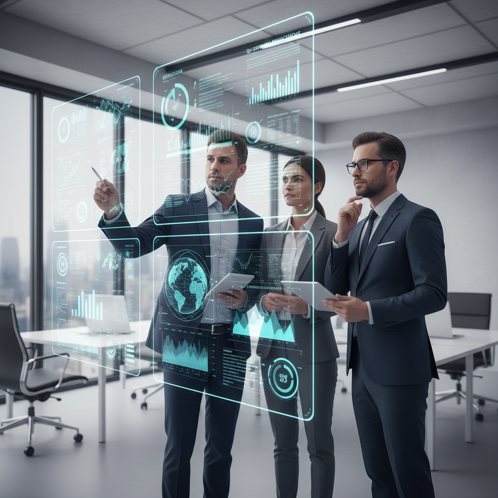 Business professionals looking at digital dashboard screens, analyzing data, future planning, clean office background