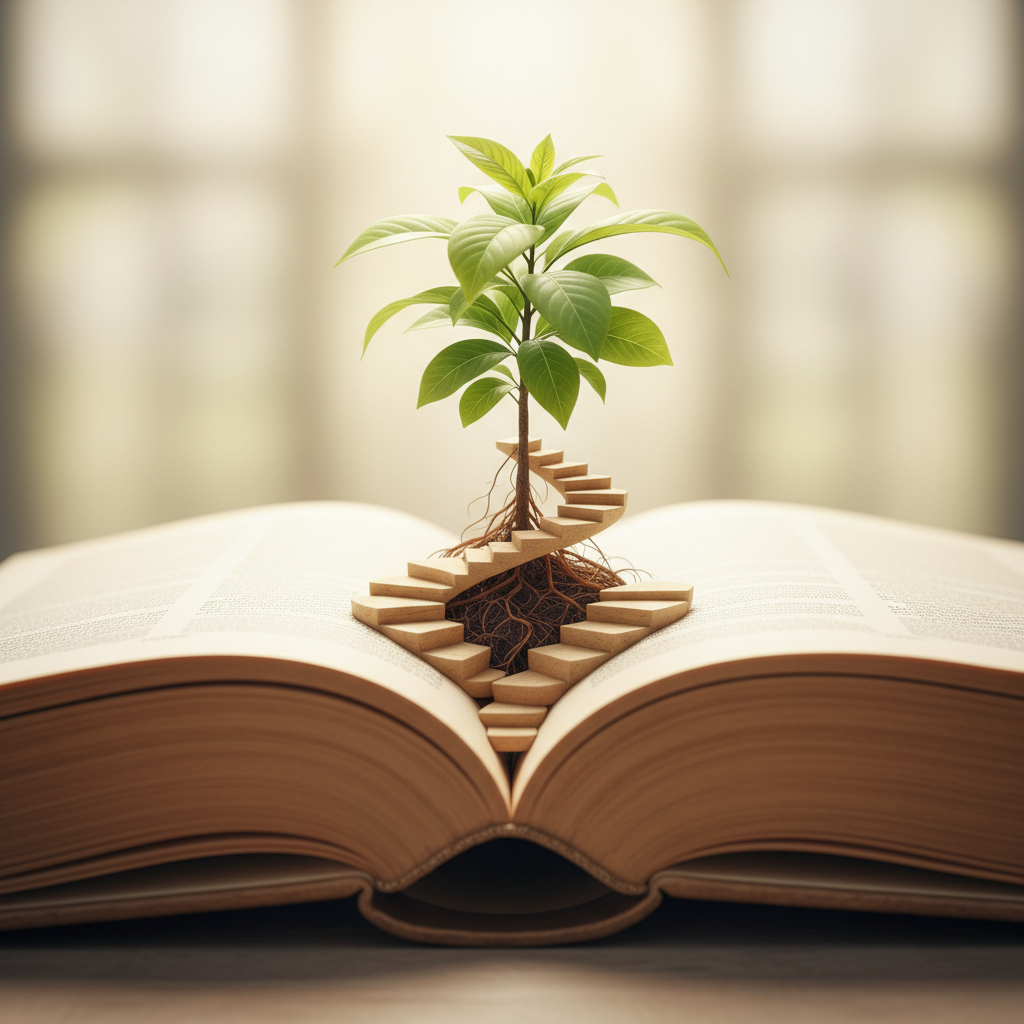 A sapling growing out of an open book, steps carved into the pages, symbolizing learning as a path to growth, soft focus, daylight