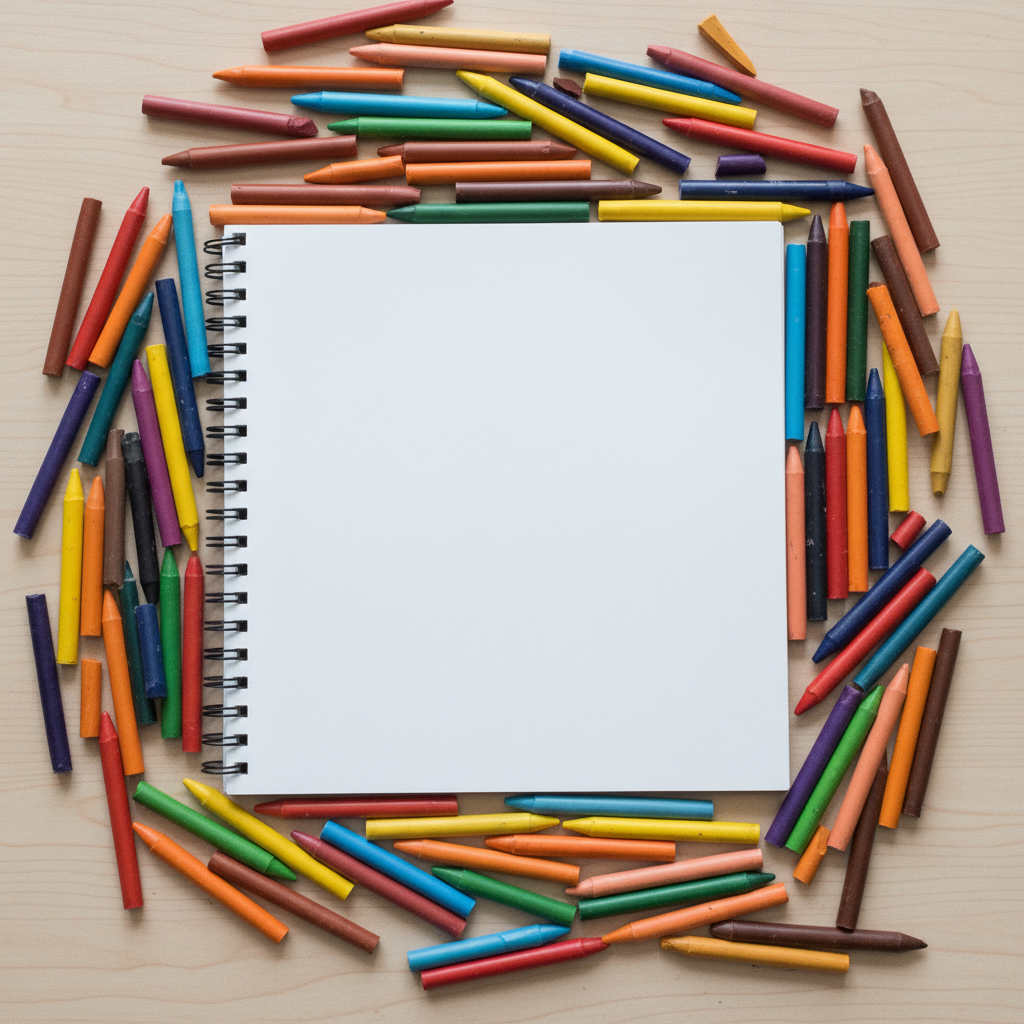 Colorful scattered crayons and a blank sketchbook page, realistic photorealistic style