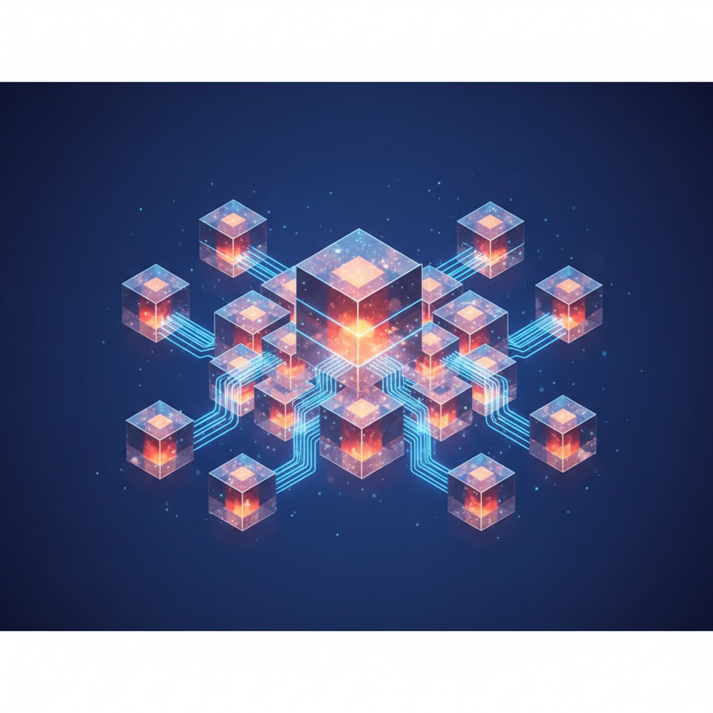 Isometric view of interconnected data cubes, glowing lines connecting them, database concept, orange and blue color scheme, clean render, no text