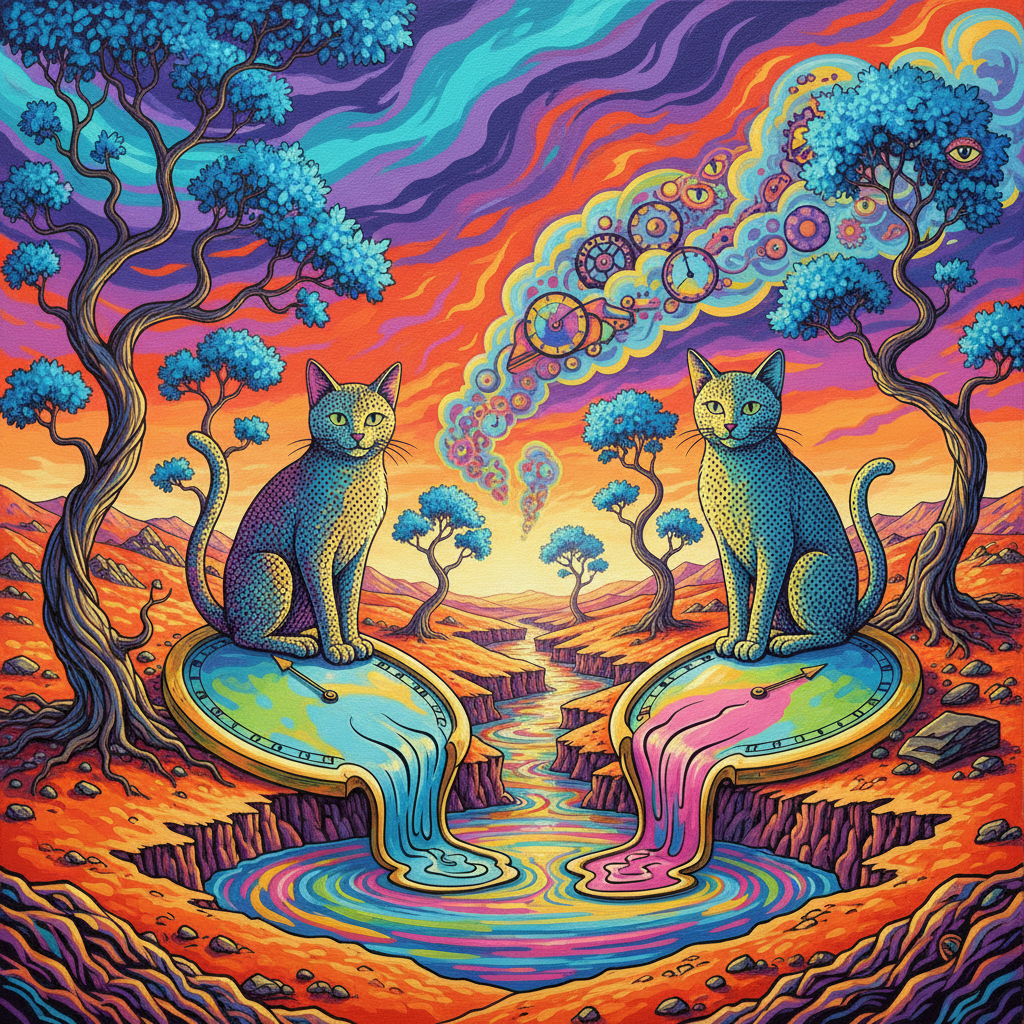Surreal landscape with giant cats sitting on melting clocks, dali style mixed with pop art, vibrant colors, blue trees, orange ground, highly detailed, artistic masterpiece