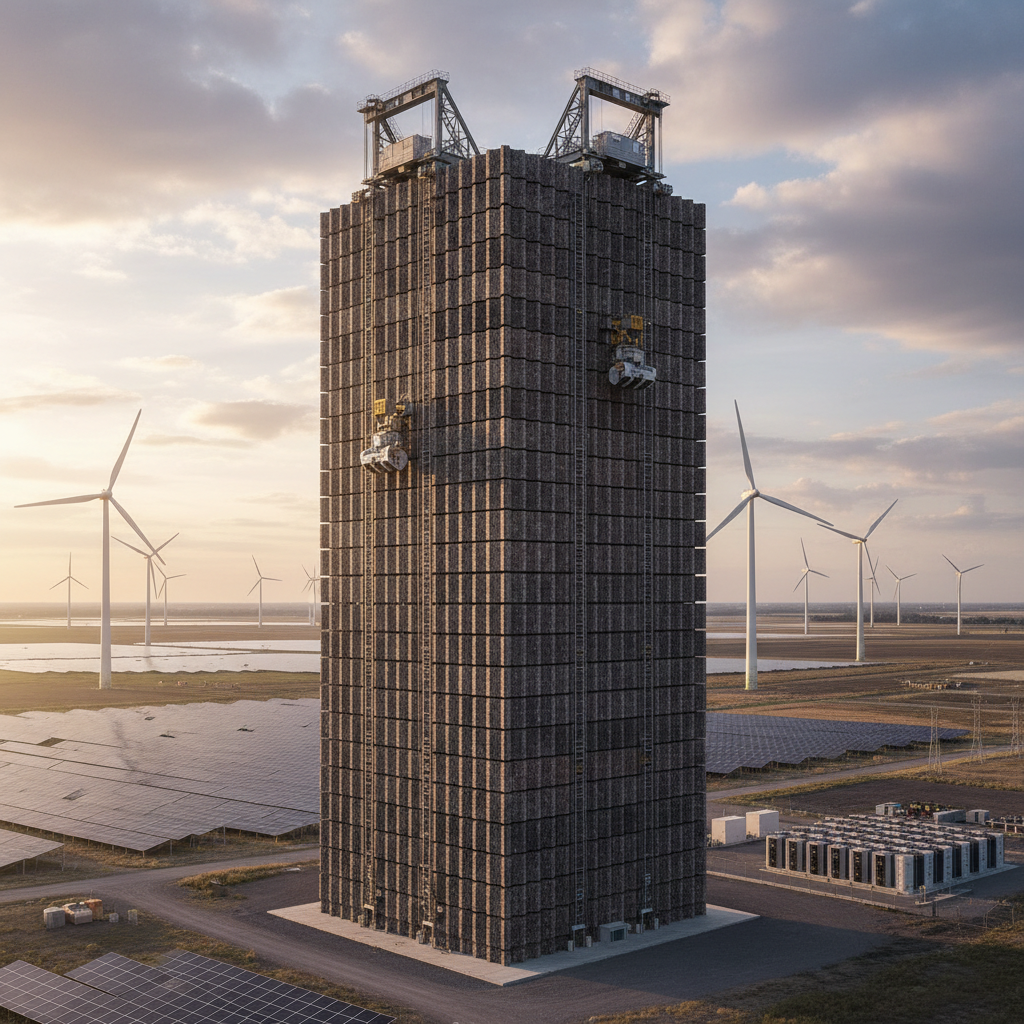 Realistic render of Energy Vault EVx tower, massive composite brick structure with automated cranes, renewable energy context, photorealistic