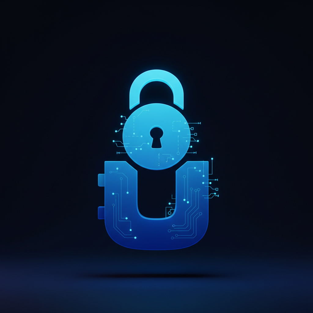 A secure digital vault or lock icon glowing blue, representing safety and immutability, minimalistic 3D style
