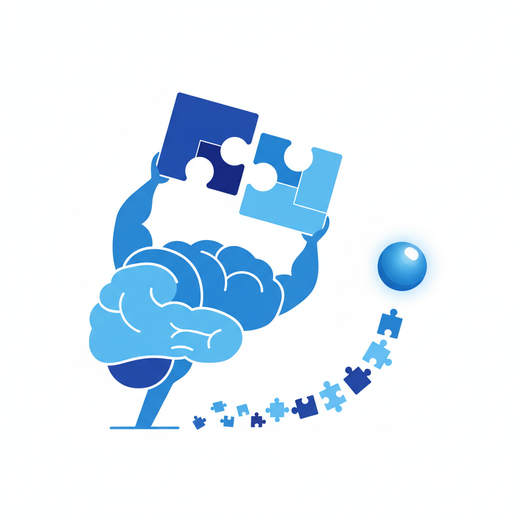 Illustration of a brain lifting weights or puzzle pieces connecting, representing learning and memory. Minimalist blue style.