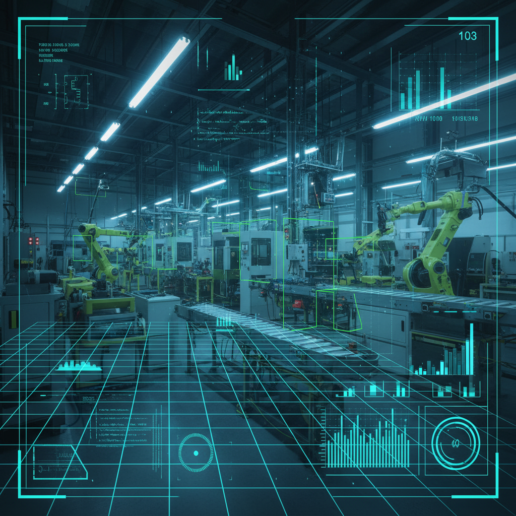 Futuristic HUD interface overlaying a factory floor, showing safety metrics and object detection boxes, bright neon blue and green accents