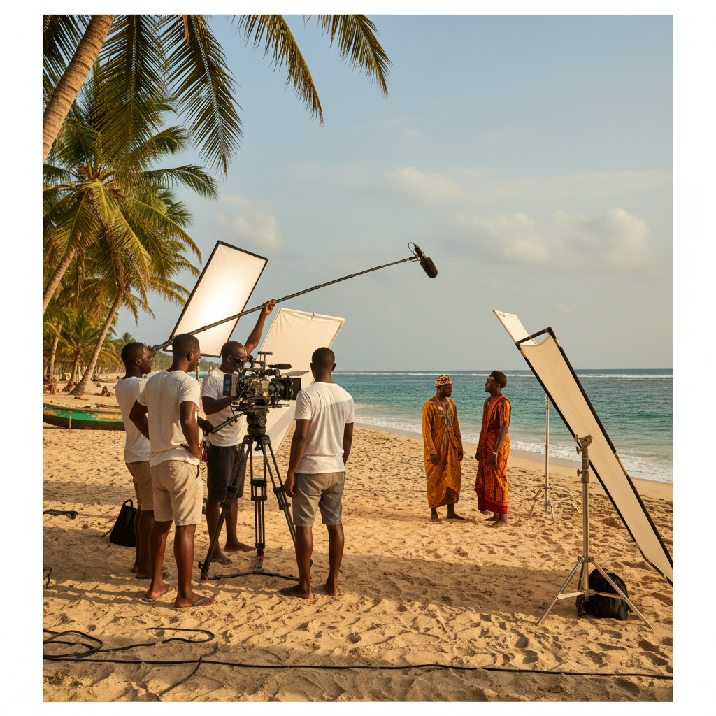 Film crew filming on a sunny beach in Ghana