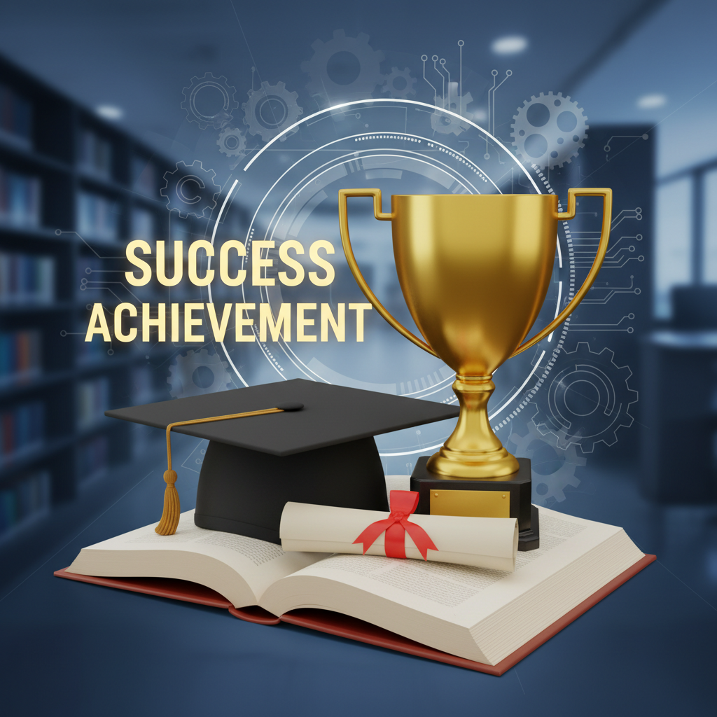 3d render of a student graduation cap and rolled diploma, gold cup, celebrating success, educational background