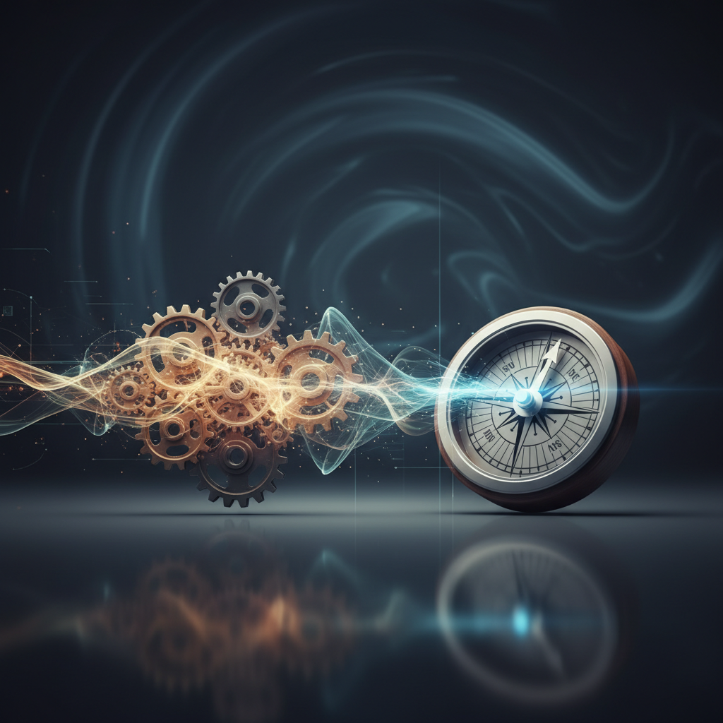 Abstract concept of change and adaptation, gears shifting or compass realigning, dark professional background.