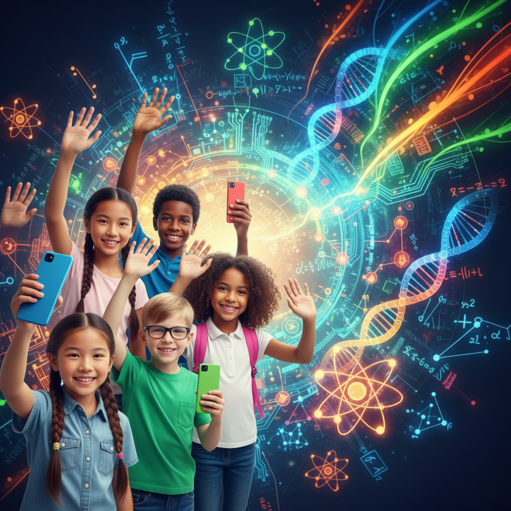 Happy diverse children waving goodbye, holding smartphones, colorful scientific background