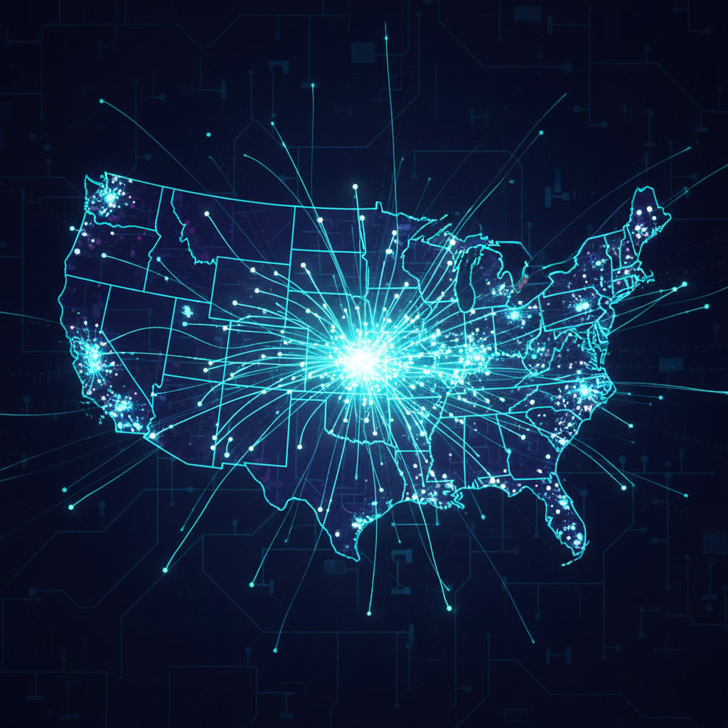 A stylized digital map of the United States with glowing data nodes spreading outwards from the center, symbolizing market expansion, high tech aesthetic