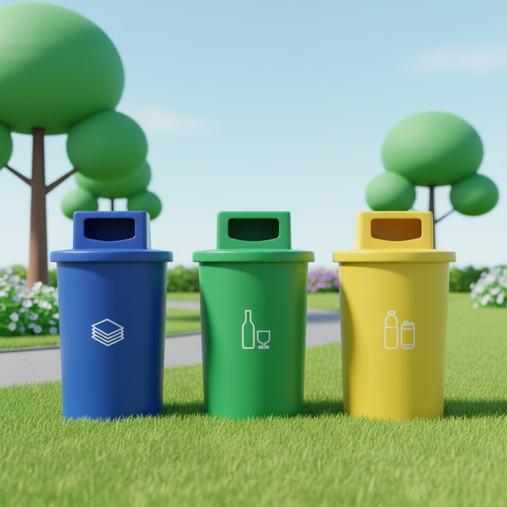 Illustration of waste management recycling bins with different colors (blue, green, yellow) in a clean park setting, 3d render style