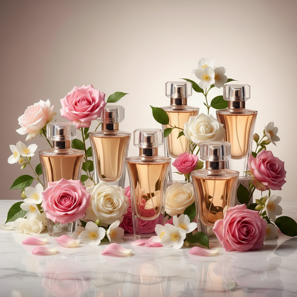 Elegant studio shot of luxury perfume glass bottles surrounded by natural flowers, roses, jasmine, soft lighting, botanical aesthetic, high resolution, minimalist background
