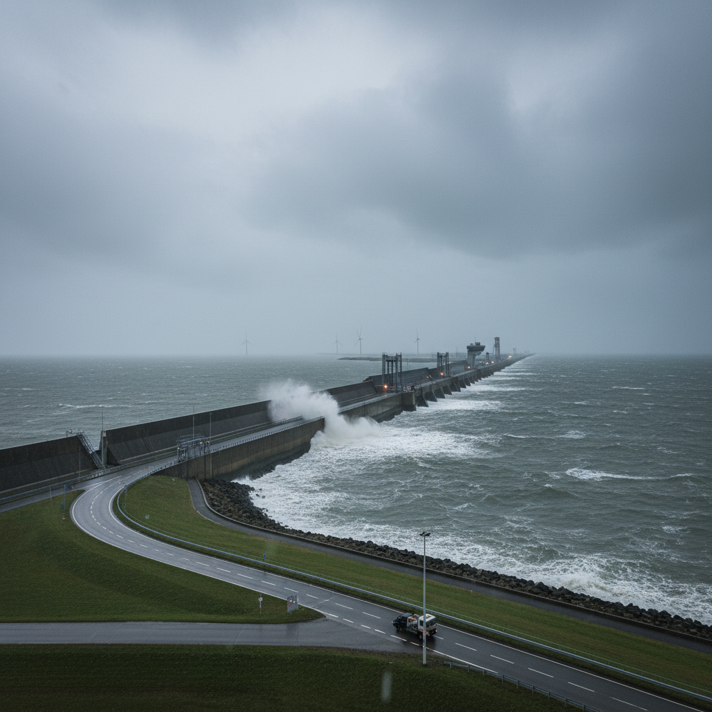 Modern Dutch delta works or dike system protecting against high sea water, moody weather, realistic cinematic photography