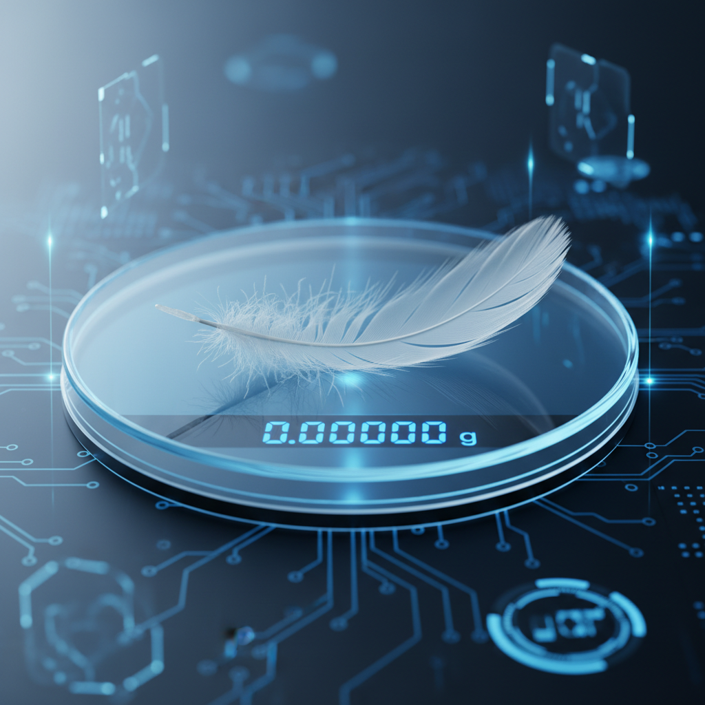 A single white feather on a digital scale demonstrating extreme lightness, blue hi-tech background, macro photography