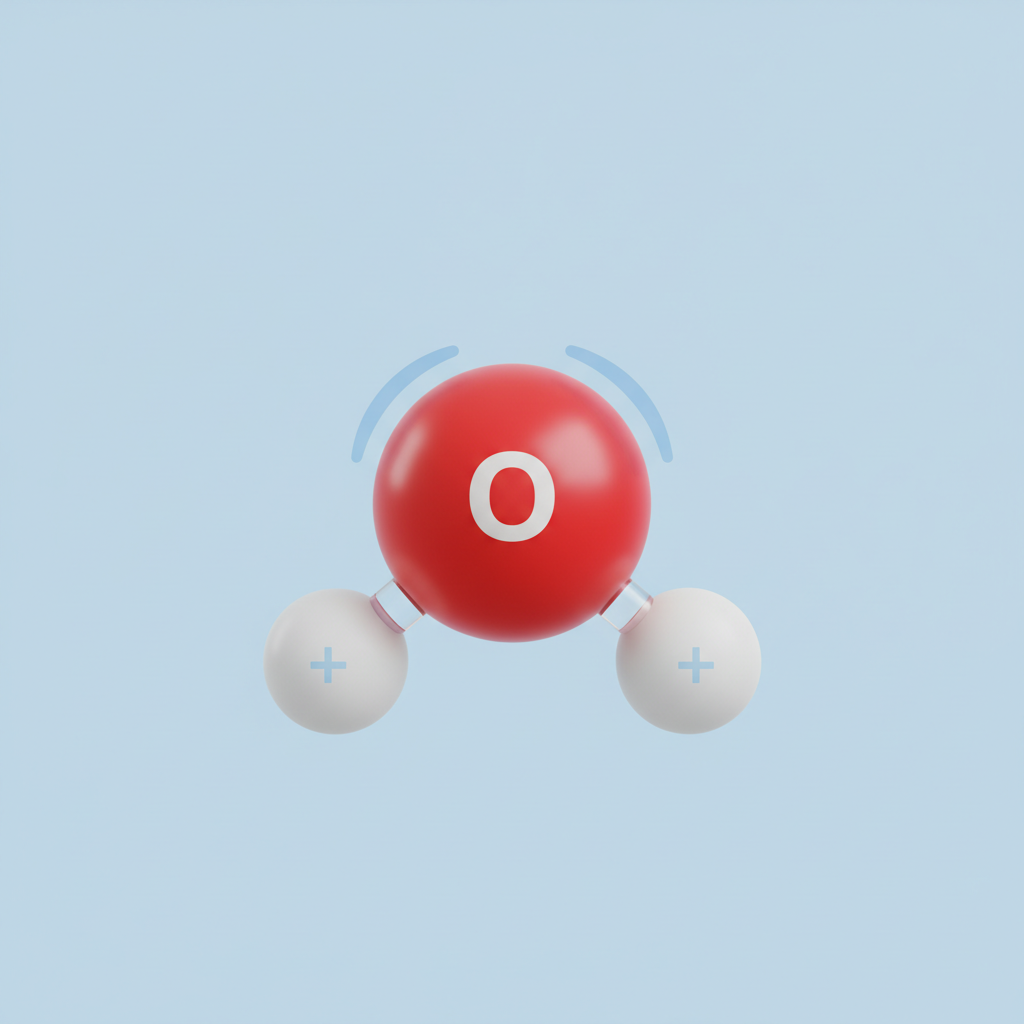 Diagram of water molecule H2O showing slight negative charge on Oxygen and positive on Hydrogen