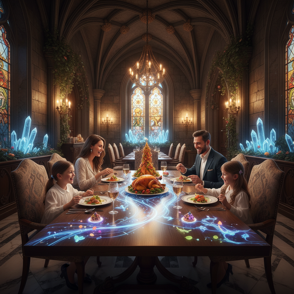 luxury family restaurant interior, magical dining table with digital projections, happy family eating gourmet food, enchanted castle elements, warm lighting, elegant