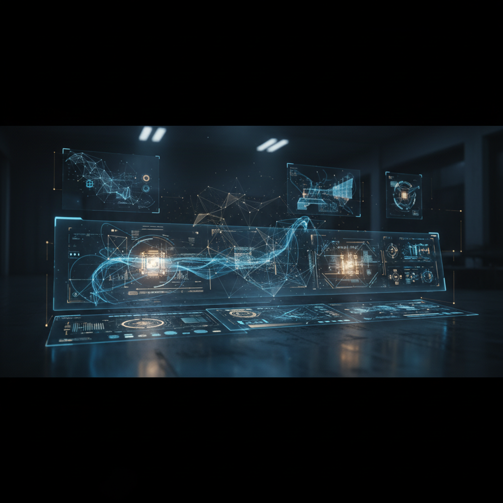 futuristic digital dashboard glowing in dark room, high tech digital solutions concept, dark blue and gold aesthetic, cinematic lighting, ultra realistic 8k