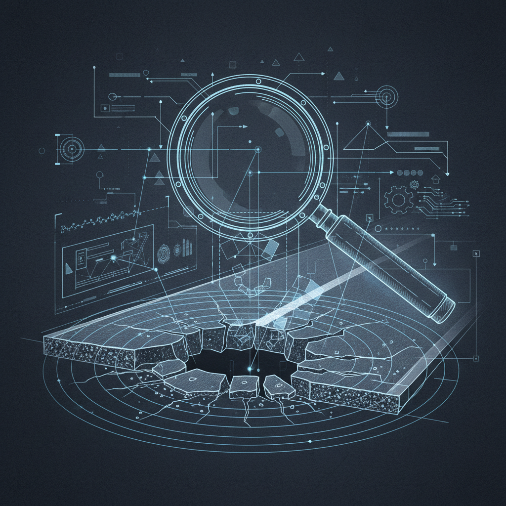 Conceptual illustration showing a magnifying glass scanning a road surface, detecting a pothole, digital interface overlay, blueprint style