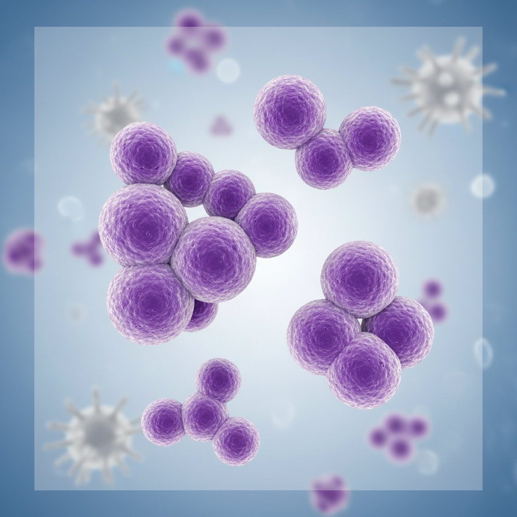 3D render of purple spherical bacteria cells, medical illustration, gram positive cocci