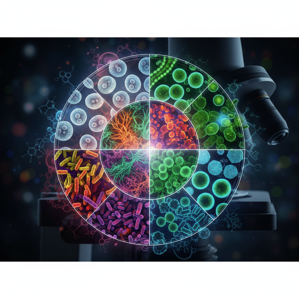 microscopic view of various cell cultures yeast fungi bacteria algae artistic scientific collage circular layout