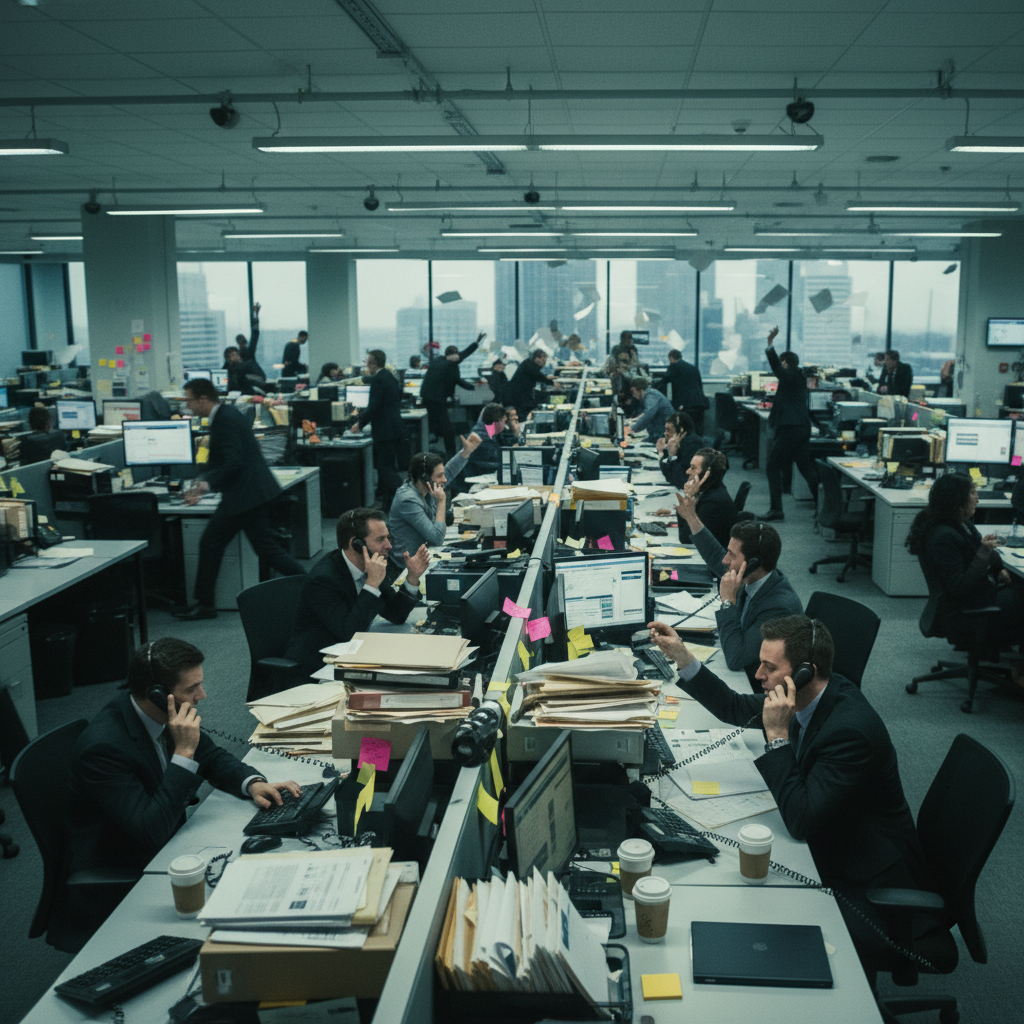 Chaotic office environment, sales people on phones shouting, stacks of paper, high pressure atmosphere, cinematic style