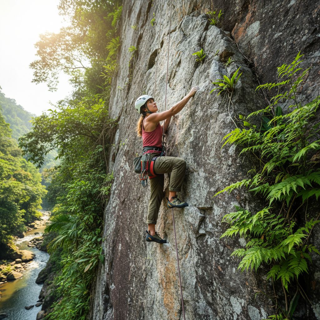 climber scaling a steep natural rock face at an adventure resort, wearing safety harness and helmet, lush green jungle vegetation growing on the cliffs, dramatic angle looking up, bright sunlight, photorealistic, 8k, adventure sports atmosphere