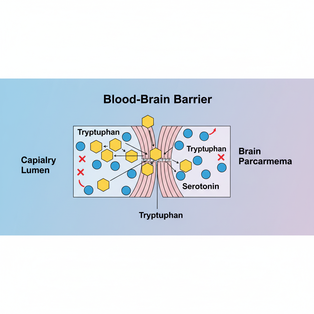 Medical illustration diagram demonstrating the Blood-Brain Barrier, showing Tryptophan amino acids passing through while Serotonin molecules are blocked, clean vectorized style