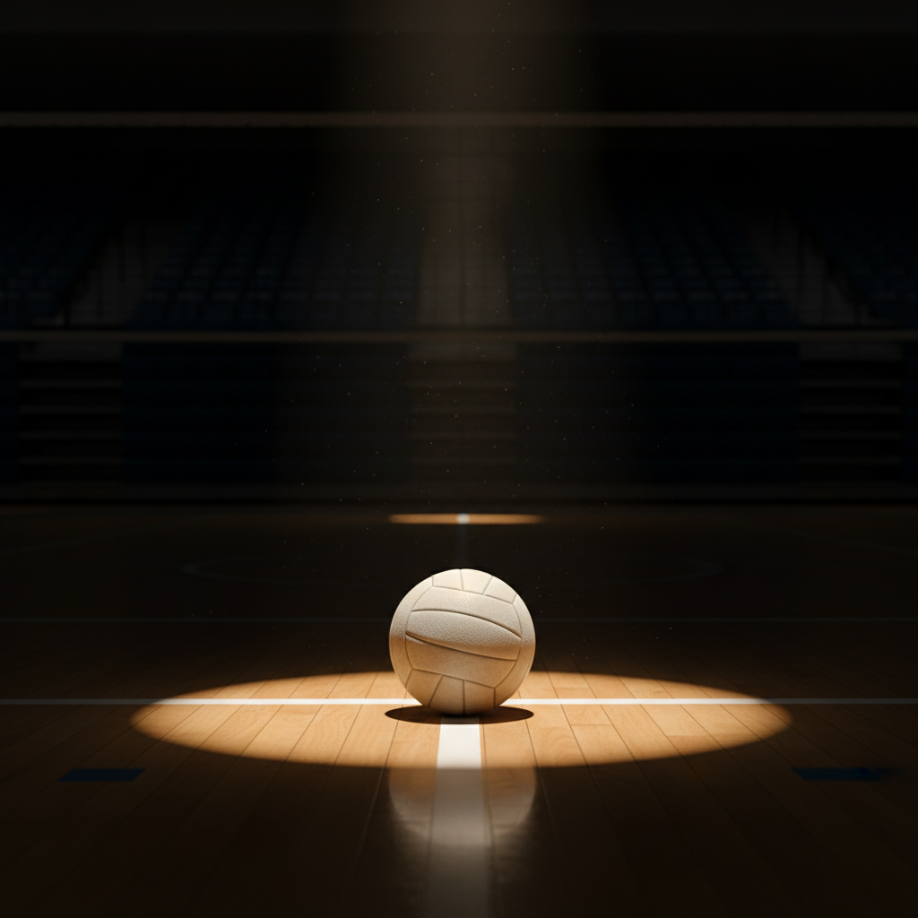 Artistic shot of a volleyball resting on a wooden court floor, dramatic spotlighting, peaceful atmosphere after the game